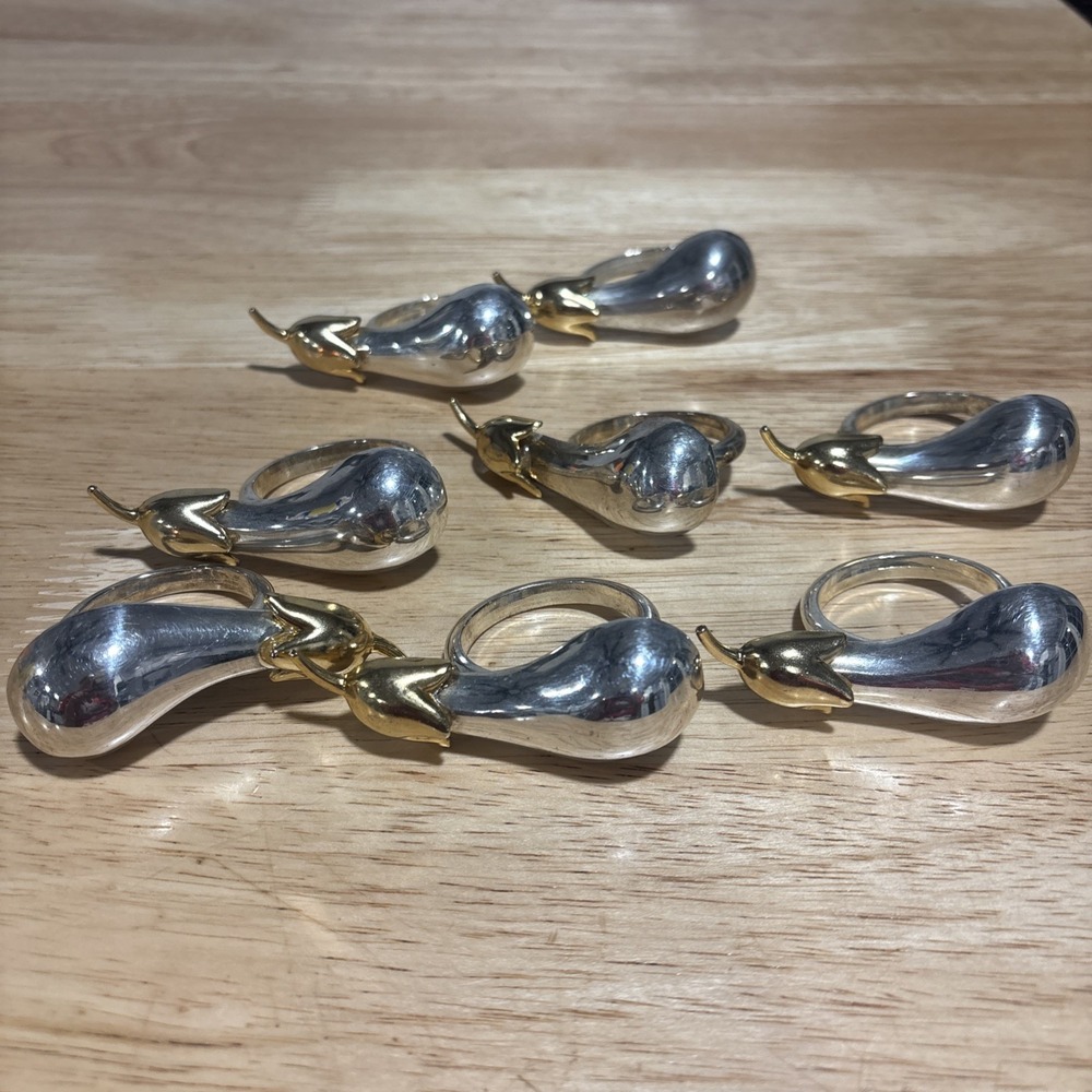 Gorgeous Set Of 8 Napkin Rings Thanksgiving Gourd Themed 2-Toned Silver & Gold